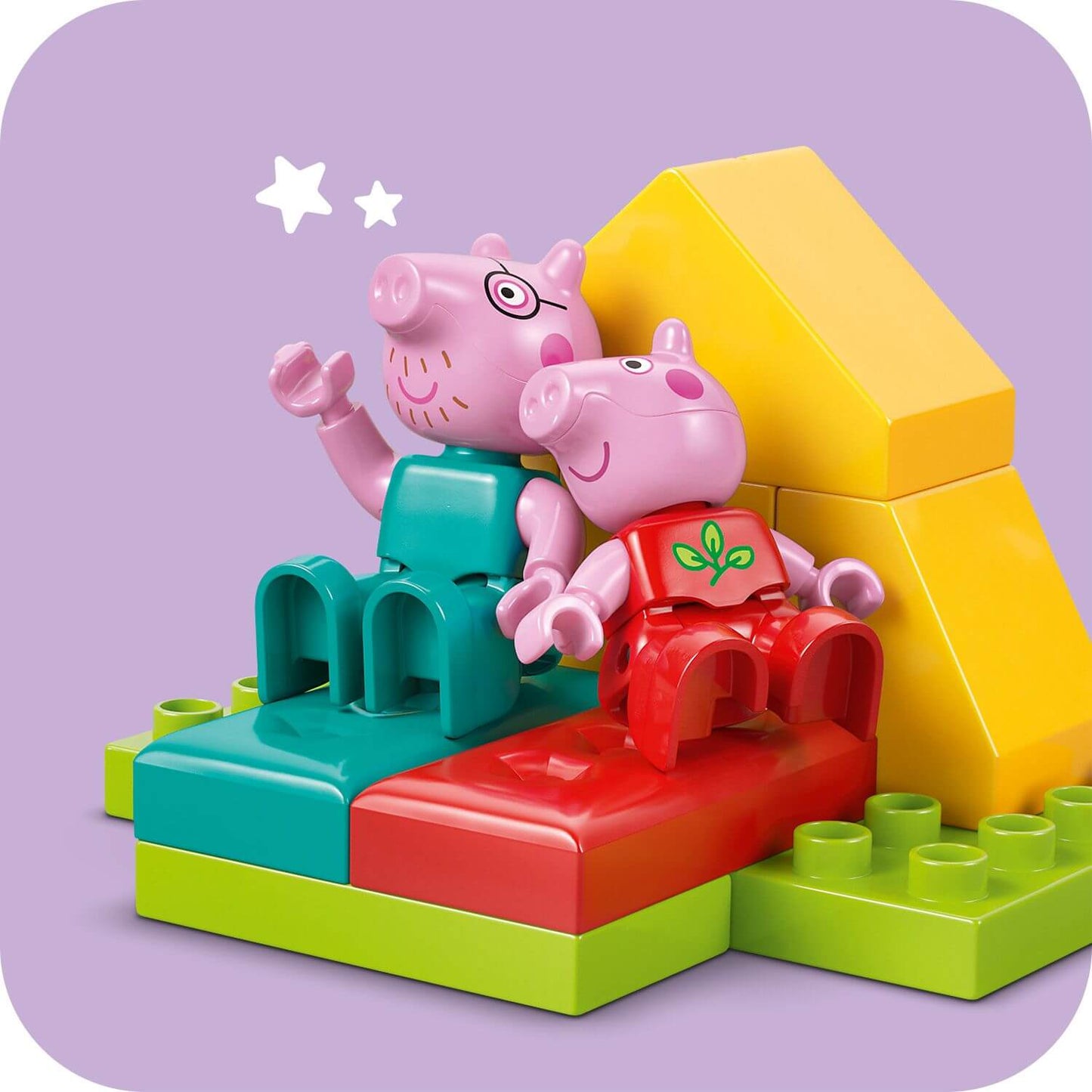 Toy building blocks with Peppa Pig characters on a purple background