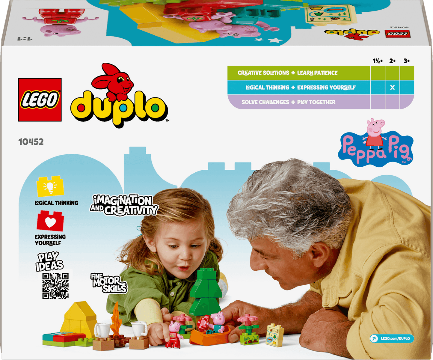 LEGO Duplo packaging with a child and adult playing with toys, featuring Peppa Pig.