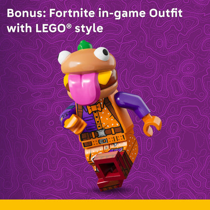 Toy figure with a colorful outfit on a purple background, featuring text about a Fortnite in-game outfit with LEGO style.