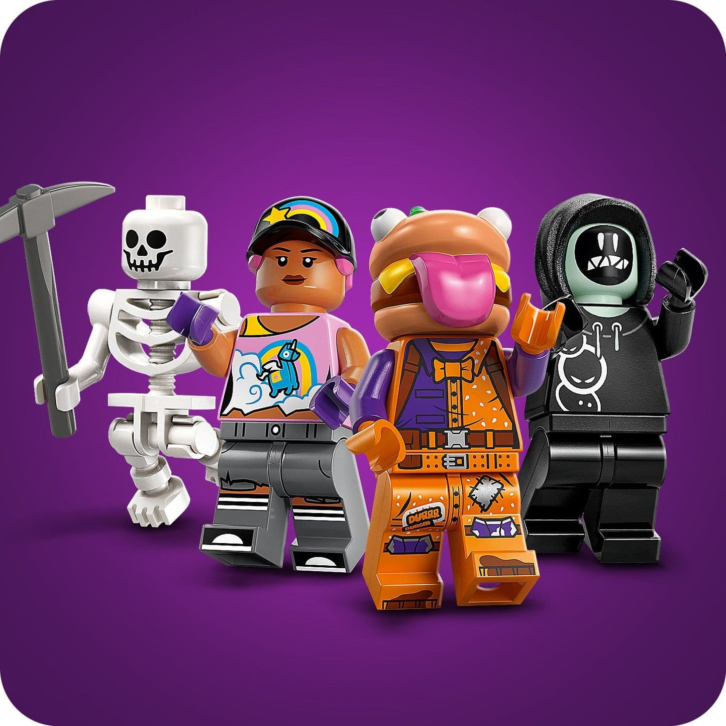 Four colorful LEGO figures on a purple background