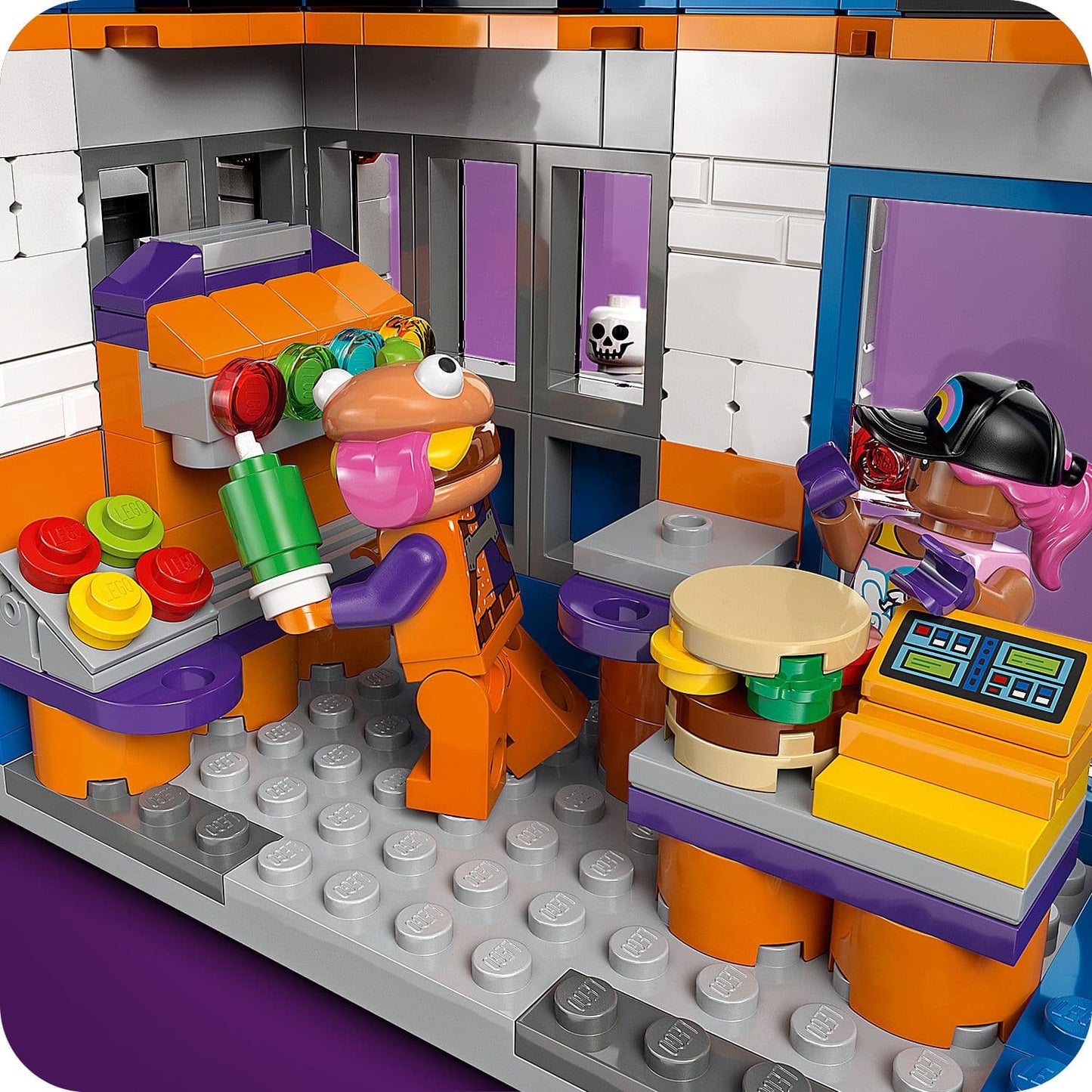Colorful LEGO set with characters and a burger stand