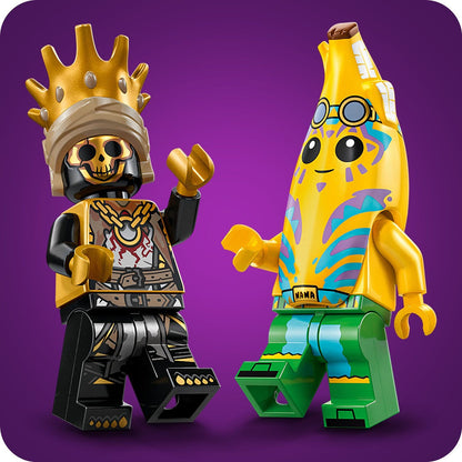 Two LEGO figures, one with a skull-themed outfit and crown, and the other with a banana costume, on a purple background.