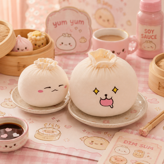 Two cartoon-style dumplings on a pink tablecloth with dim sum-themed decor.