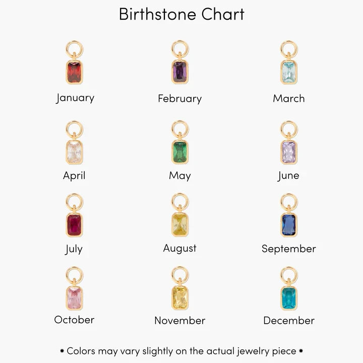 Chart of birthstone earrings for each month on a white background