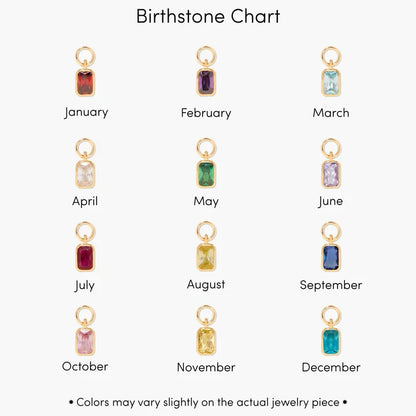 Chart of birthstone earrings for each month on a white background