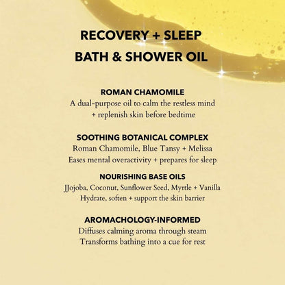 Product label for bath and shower oil with recovery and sleep benefits on a beige background.
