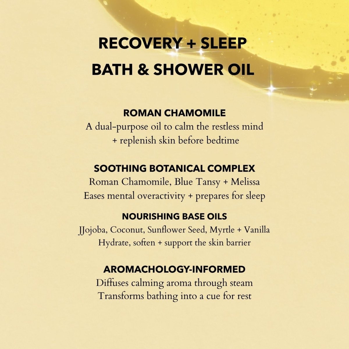 Product label for bath and shower oil with recovery and sleep benefits on a beige background.