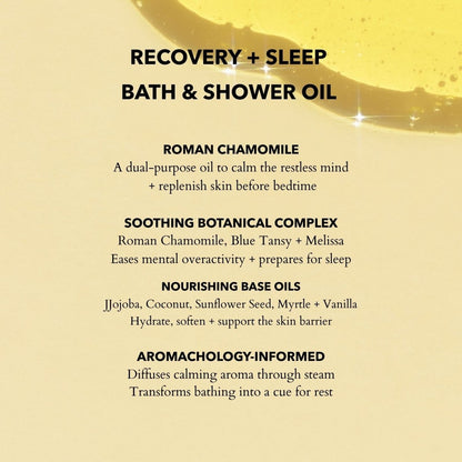 Product label for bath and shower oil with recovery and sleep benefits on a beige background.