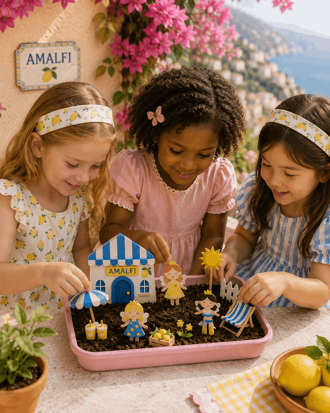 Three children playing with a miniature garden set on a table with a scenic background.