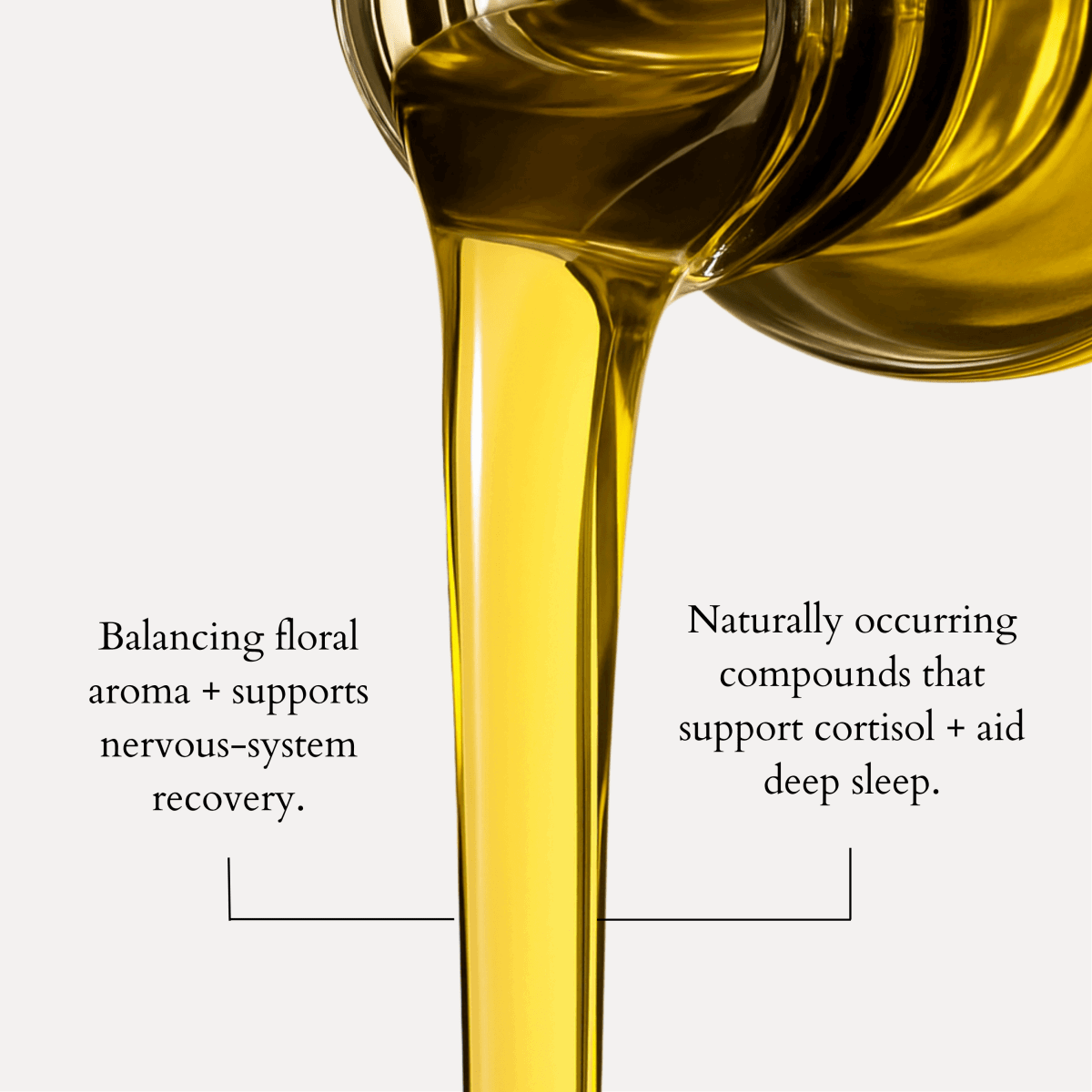 Olive oil being poured with text about its benefits on a white background