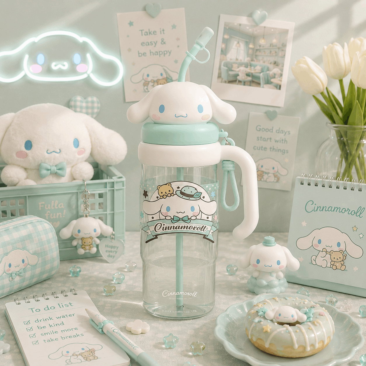 Cinnamoroll-themed water bottle and stationery items on a decorative table.