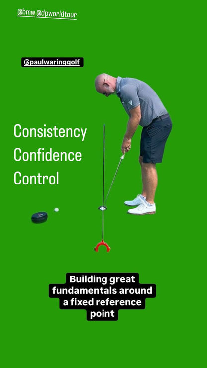 Man practicing golf on a green background with text about consistency, confidence, control, and fundamentals.