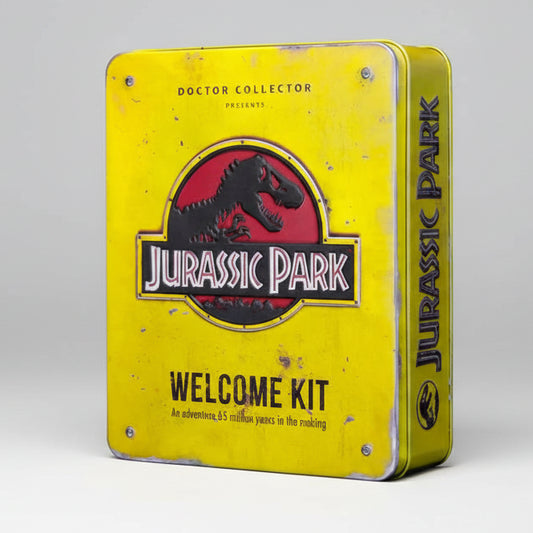 Yellow 'Jurassic Park' welcome kit box with dinosaur logo on a white background