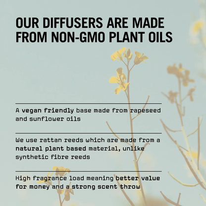 Text about diffusers made from non-GMO plant oils with a blurred plant background.