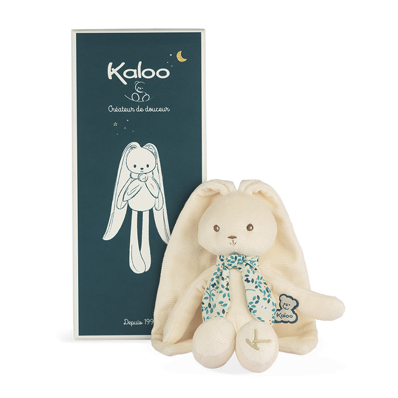 Plush rabbit toy with a blue bow tie next to a Kaloo branded box on a white background