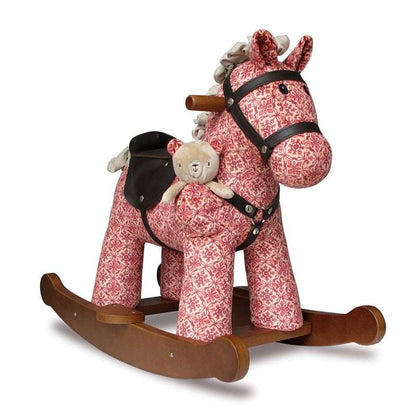 Red floral-patterned rocking horse with a teddy bear on a white background