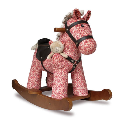 Red floral-patterned rocking horse with a teddy bear on a white background