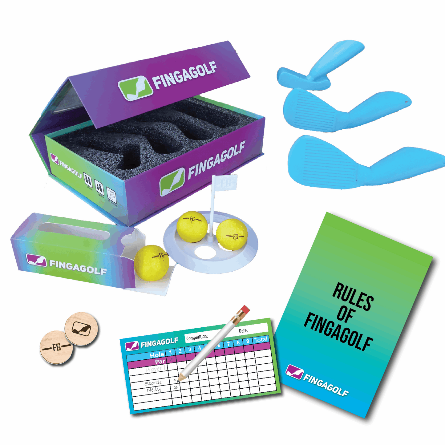 Fingagolf product set including balls, gloves, and rules book on a white background