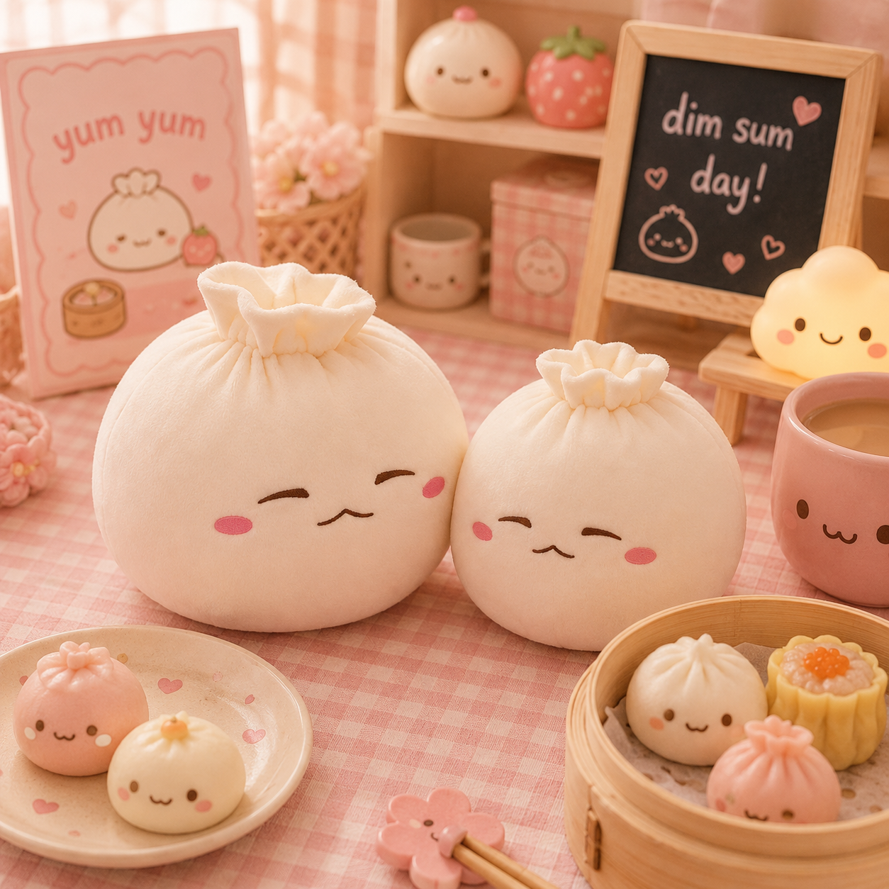 Two cute cartoon-style bao buns with a 'dim sum day!' sign in the background.