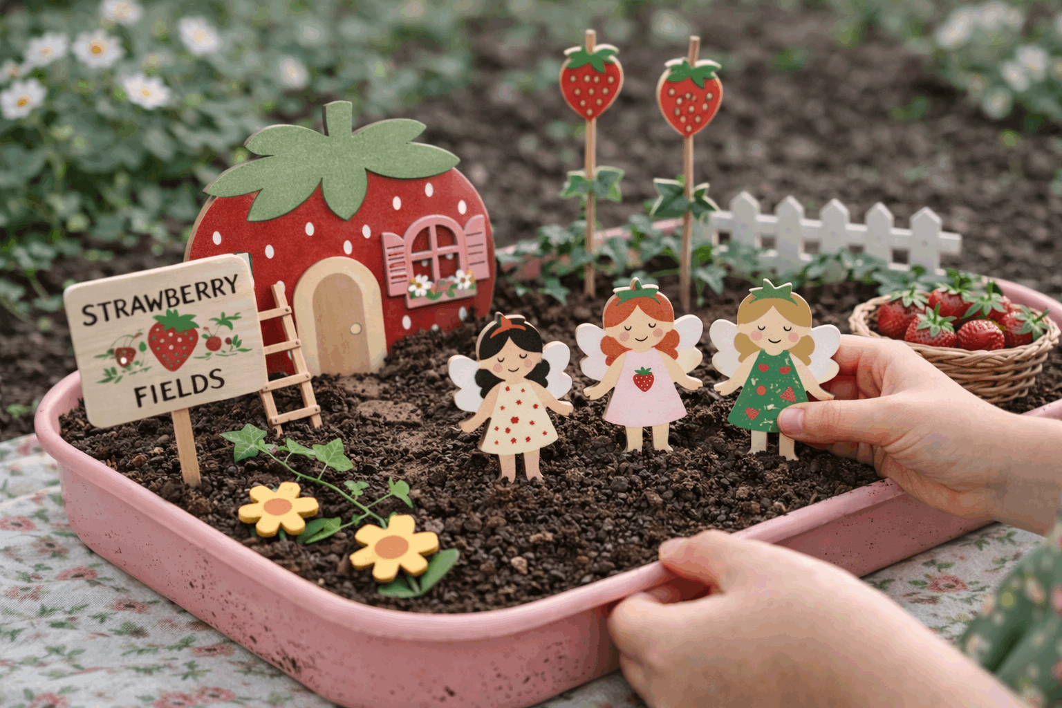Miniature fairy garden with strawberry-themed elements and fairy figurines.