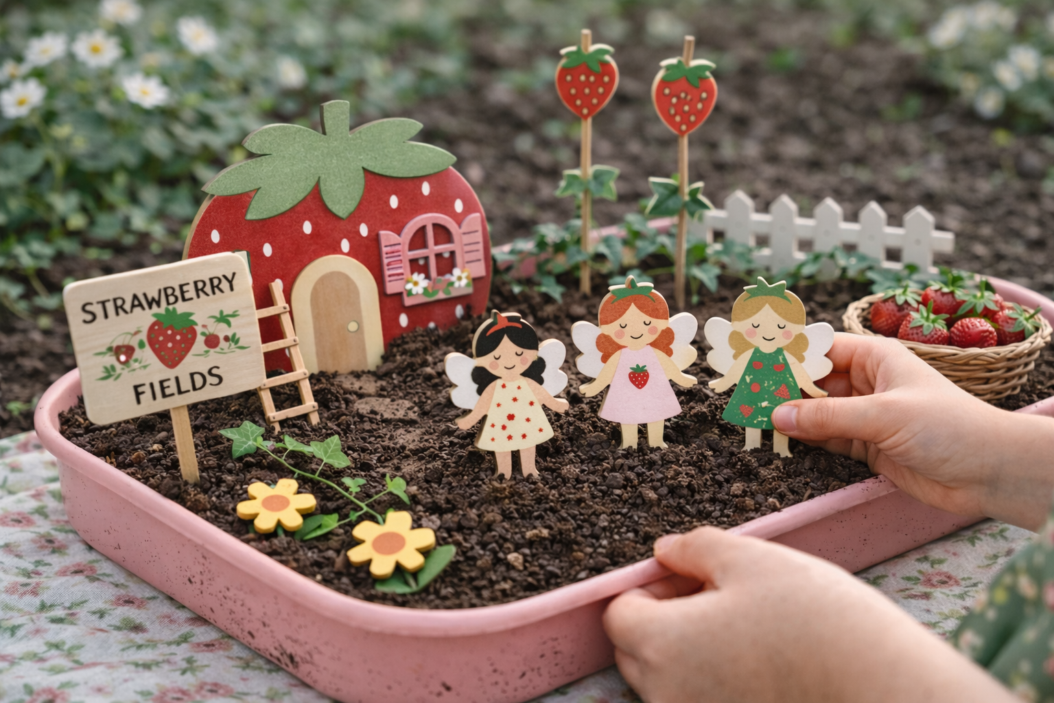 Miniature fairy garden with strawberry-themed elements and fairy figurines.