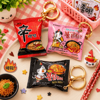 Noodle packages with keychains on a checkered tablecloth