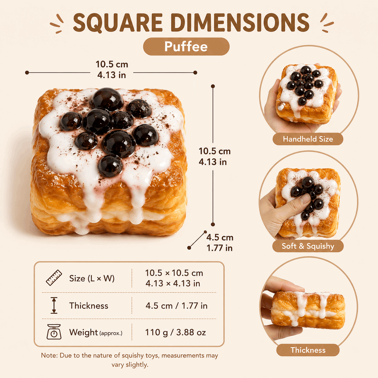 Puff pastry with dimensions and characteristics on a beige background
