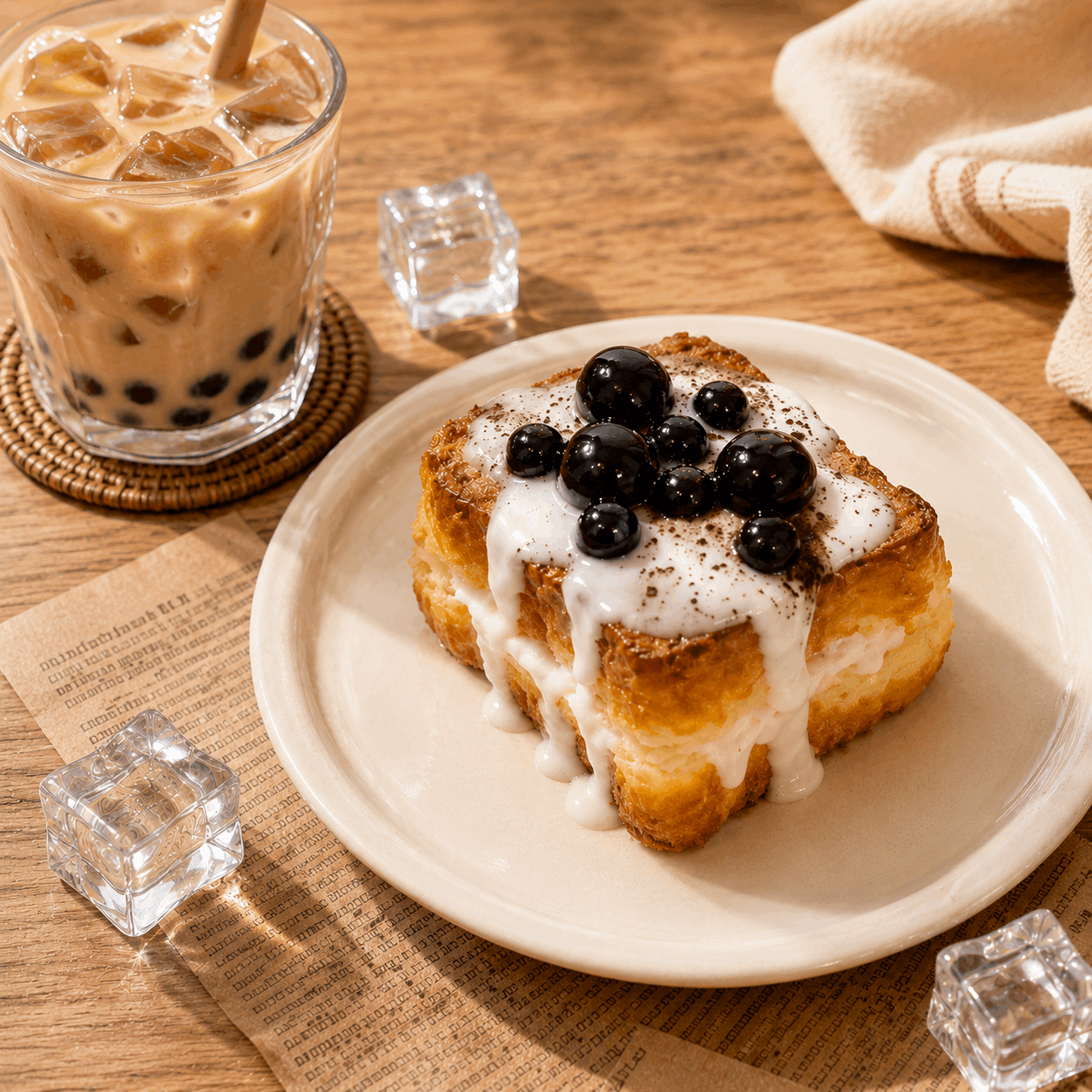 Baked pastry with berries and cream on a plate next to a glass of iced coffee.
