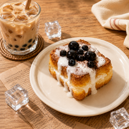 Baked pastry with berries and cream on a plate next to a glass of iced coffee.