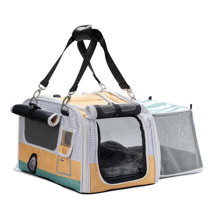 Pet carrier with camper design on a white background