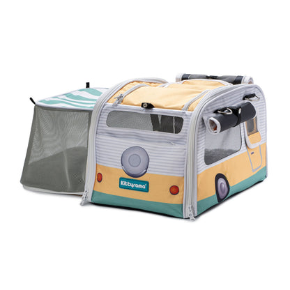 Pet carrier shaped like a camper van with a visible brand logo on a white background