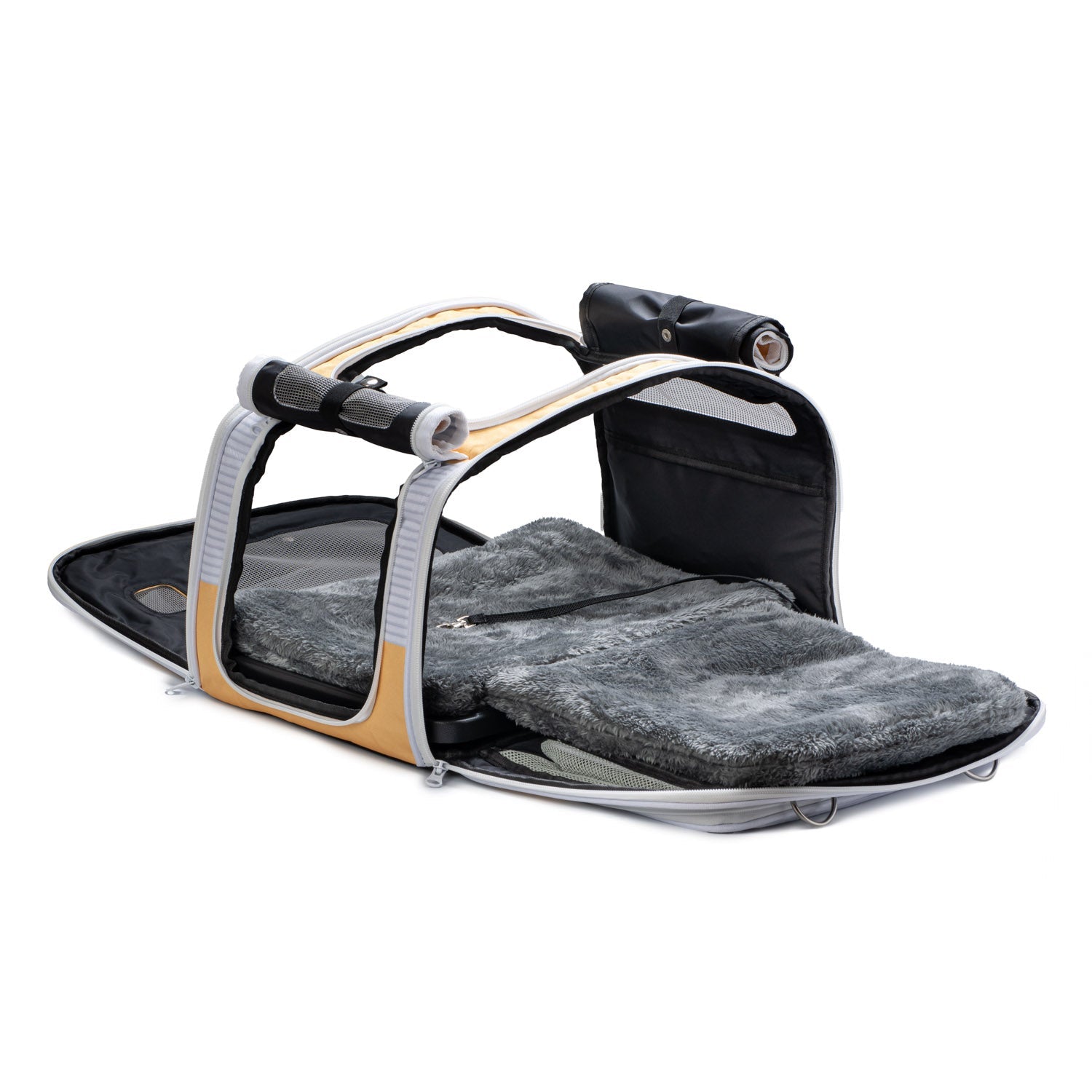 Portable bed or seat with gray cushion on a white background