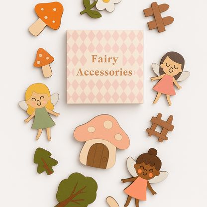 Fairy accessories including fairies, a mushroom house, and trees on a white background with a box labeled 'Fairy Accessories'.
