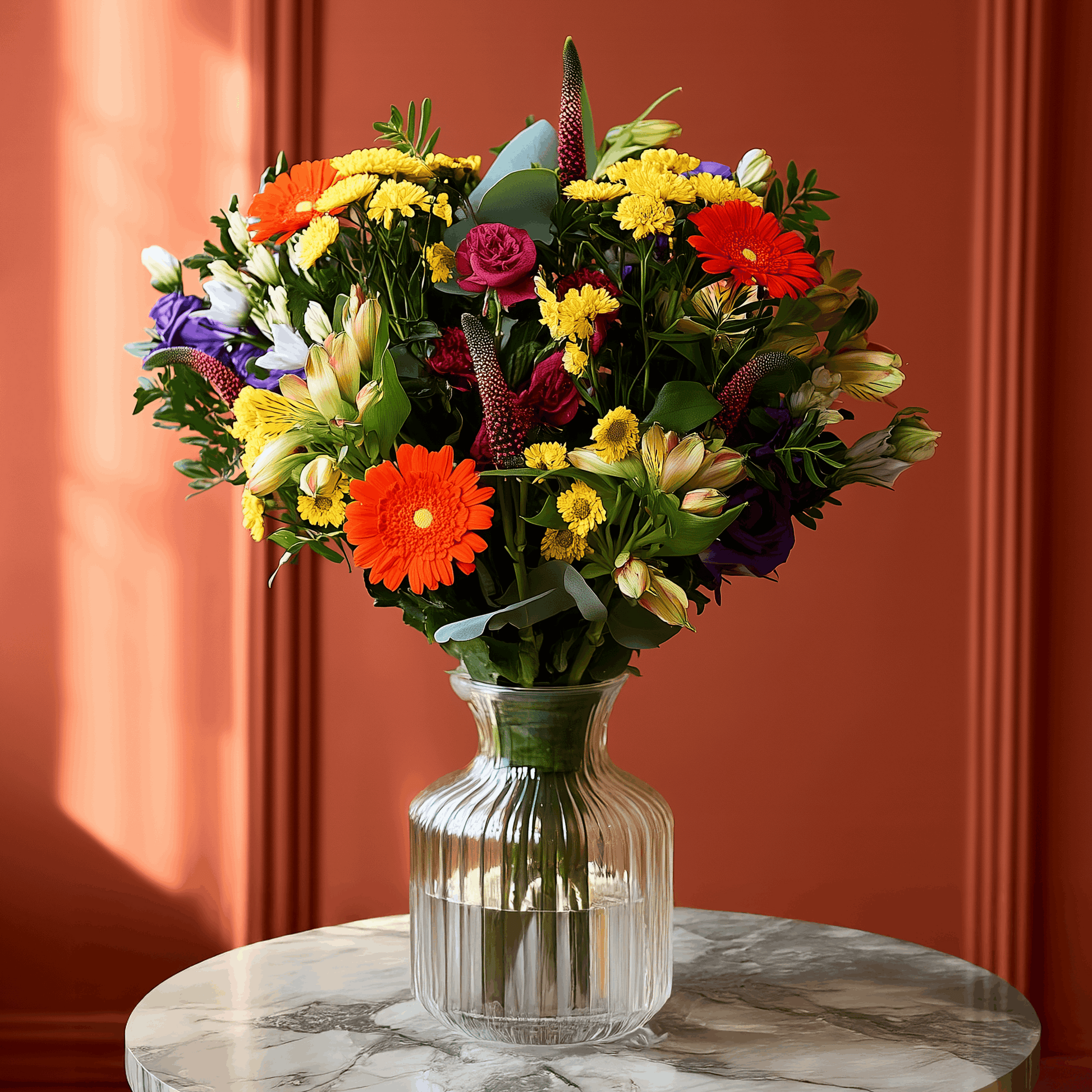 Colorful bouquet of flowers in a clear vase on a marble table against an orange wall.