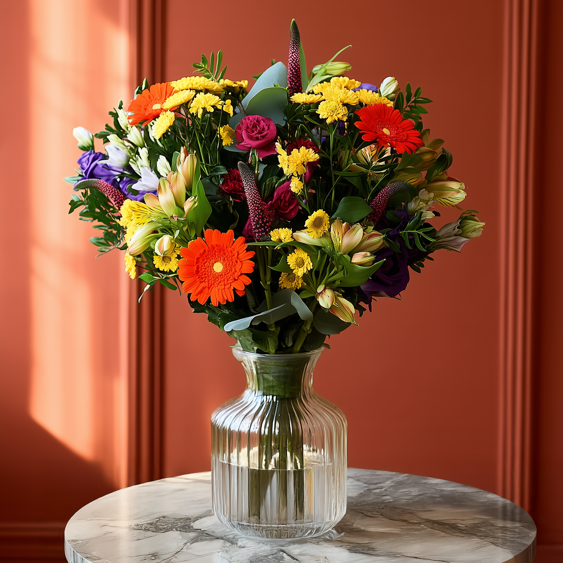 Colorful bouquet of flowers in a clear vase on a marble table against an orange wall.
