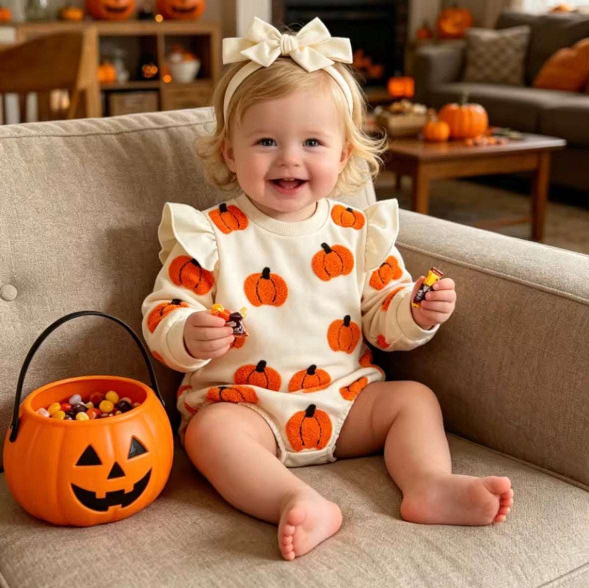A toddler sitting on a beige couch in a cozy living room, wearing a cream Halloween romper covered in orange pumpkin patches and holding a small candy. An orange jack-o'-lantern candy bucket sits next to them.