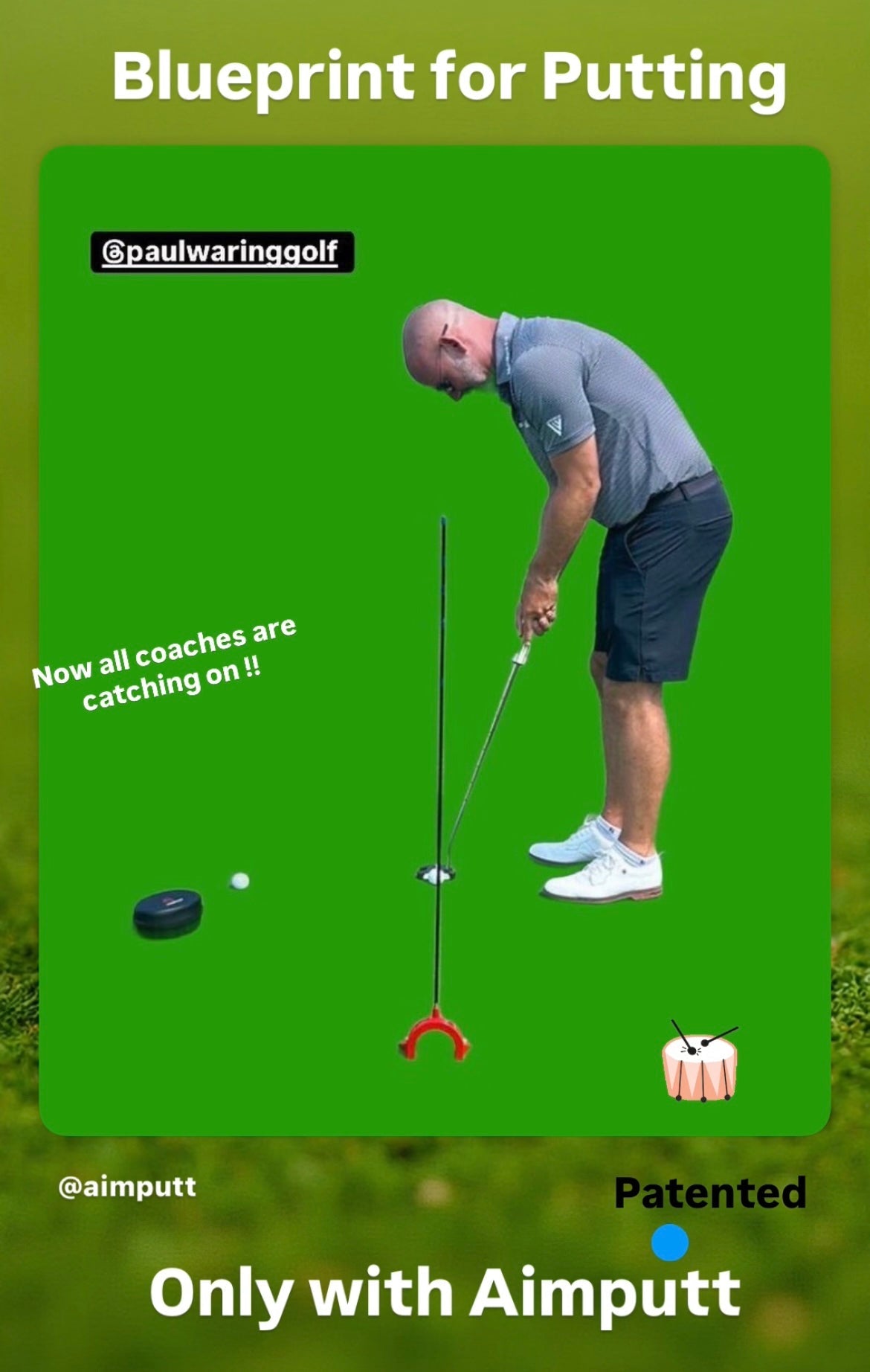 Golf instructional graphic with a golfer using Aimputt putter on a green background