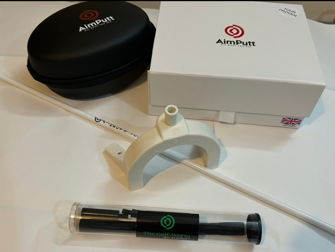 Golf putter with AimPutt branding on a white surface