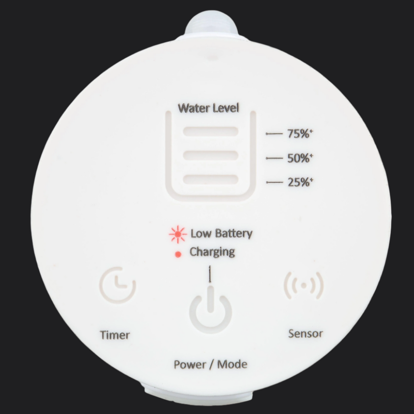 Round electronic device with water level indicator, low battery warning, and charging status on a black background.
