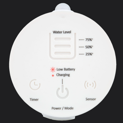 Round electronic device with water level indicator, low battery warning, and charging status on a black background.