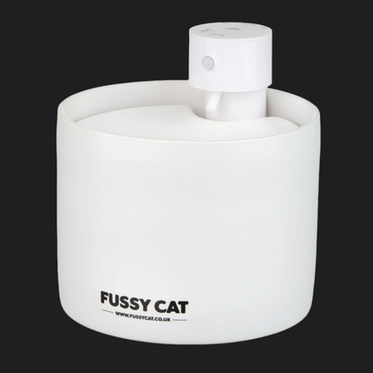 White cylindrical container with 'Fussy Cat' branding on a black background