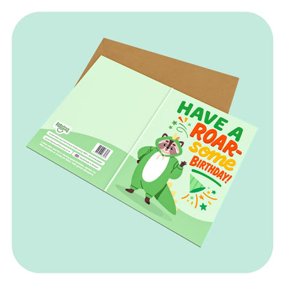 Birthday card with cartoon lion and 'Have a ROARsome Birthday!' text on a light blue background