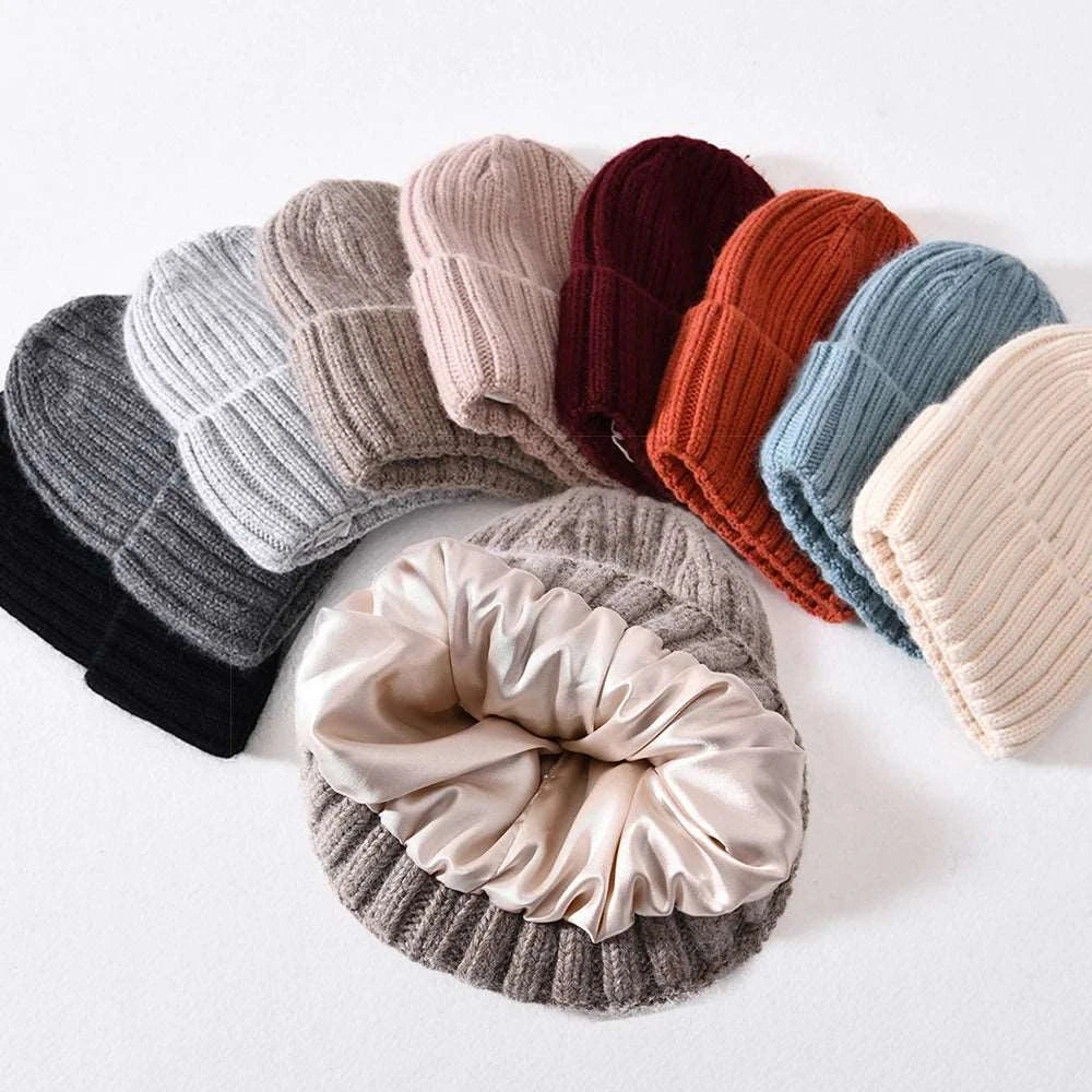 Curly Hair Satin Lined Beanie Hats in various colours