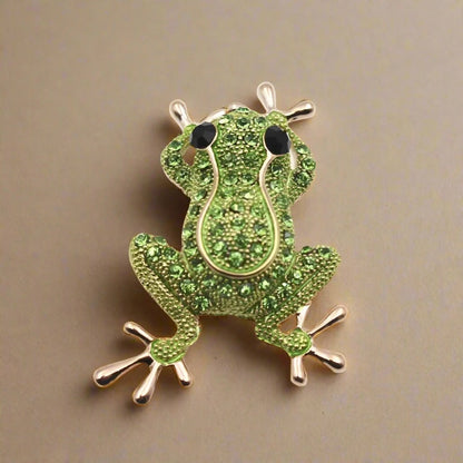 Green Rhinestone Crystal Frog Brooch Gold