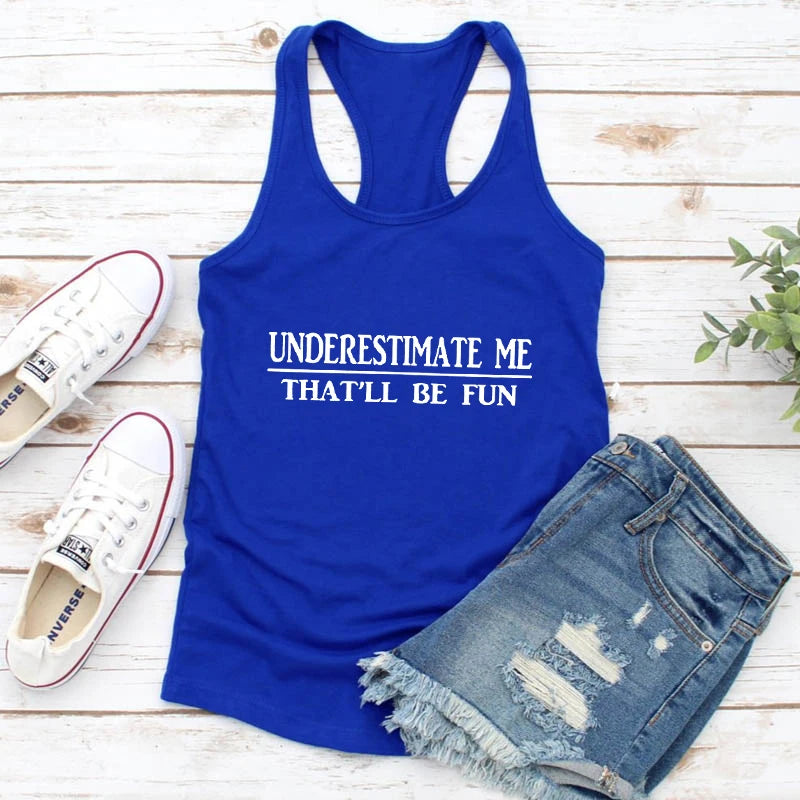 blue Underestimate Me Feminist Gym Vest Top