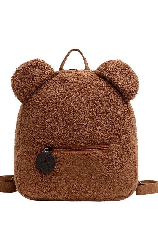 Brown teddy bear-shaped backpack on a white background