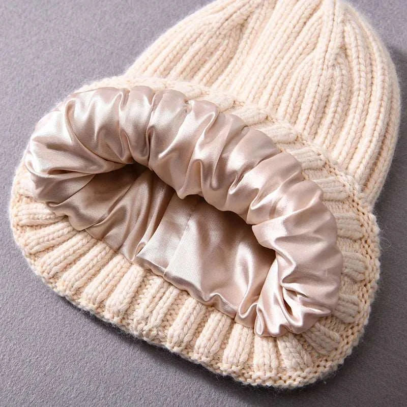 Beige Curly Hair Satin Lined Beanie Hats