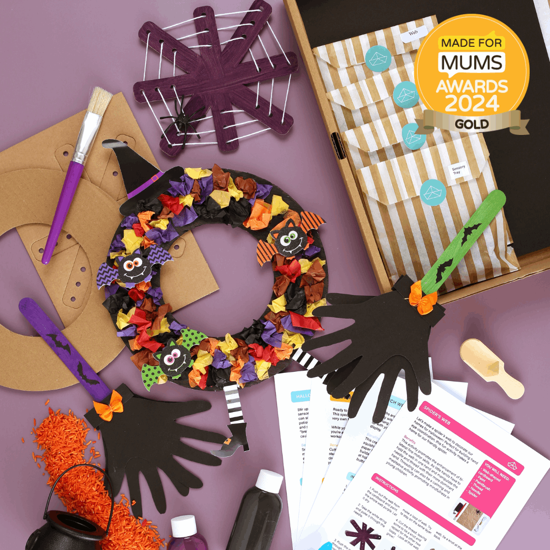 Halloween craft kit with wreath, hands, and supplies on a purple background, featuring 'Made for Mums Awards 2024 Gold'.