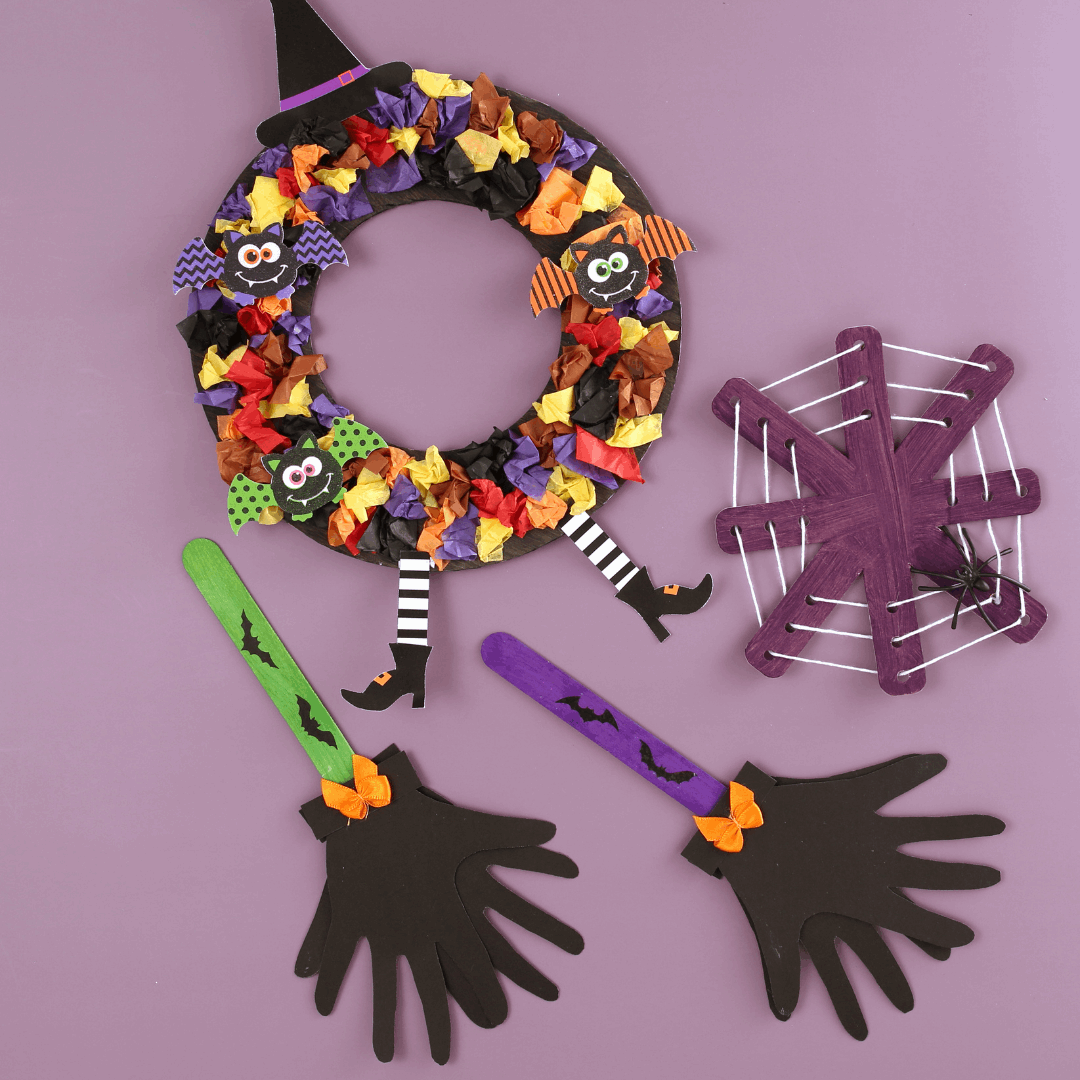 Halloween-themed wreath with decorative elements on a purple background