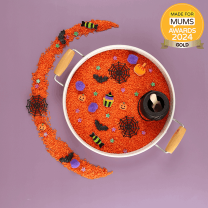 Halloween-themed treat with decorative elements on a purple background, featuring a 'Made for Mums Awards 2024 Gold' badge.